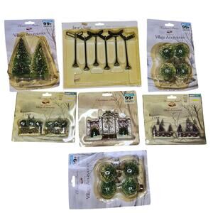 Dept 56 Snow Village Street Signs Lot Christmas Streets Trees Gate Fence 7 Pc